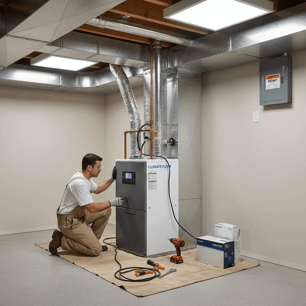 HVAC technician working on a furnace in a clean basement