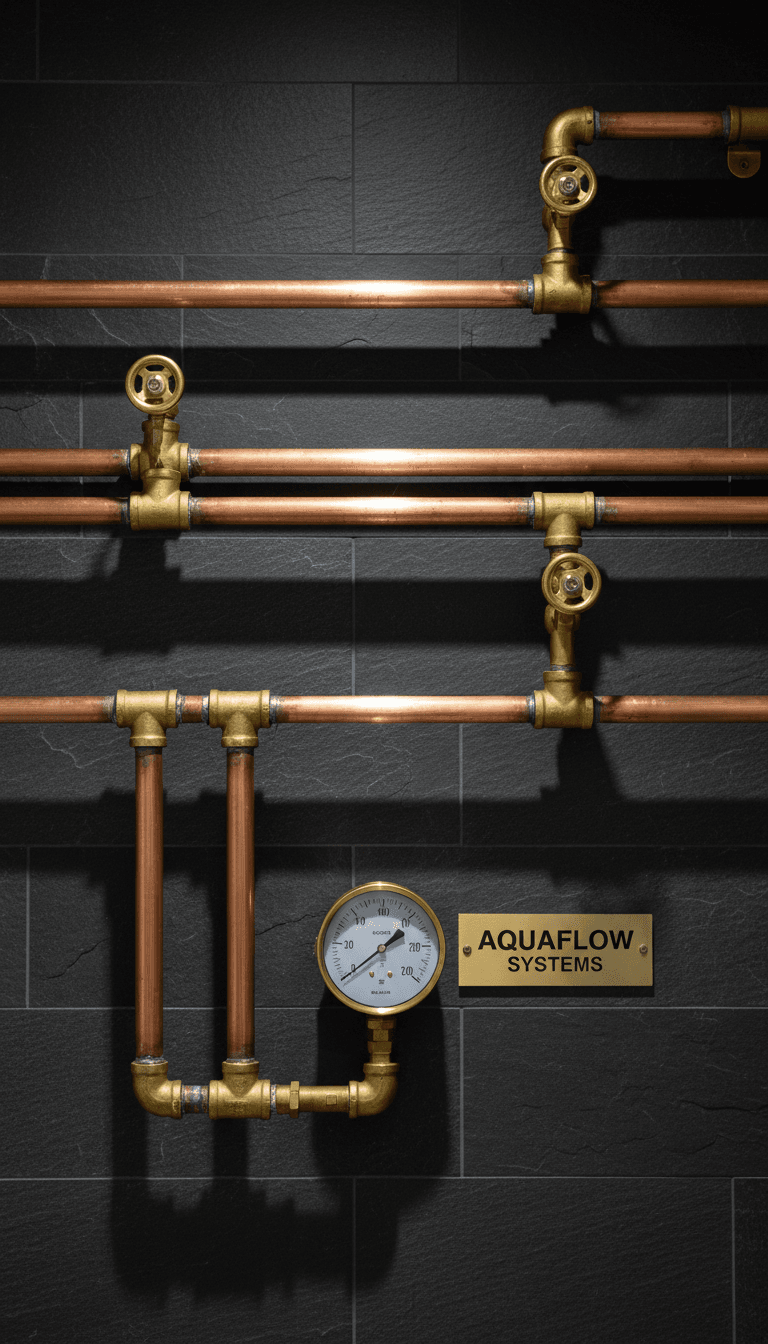 Close-up of copper plumbing pipes and fittings installed professionally