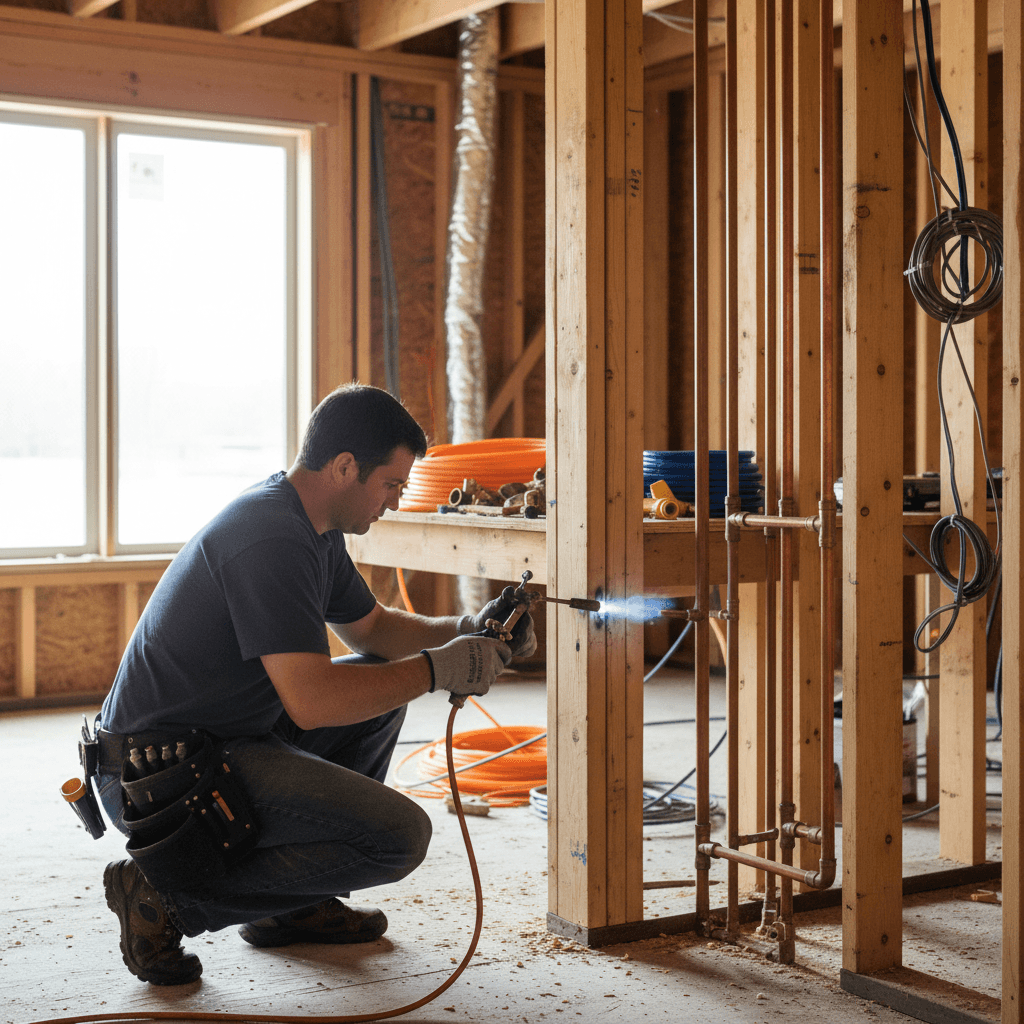 Plumber working on rough-in plumbing in a new build
