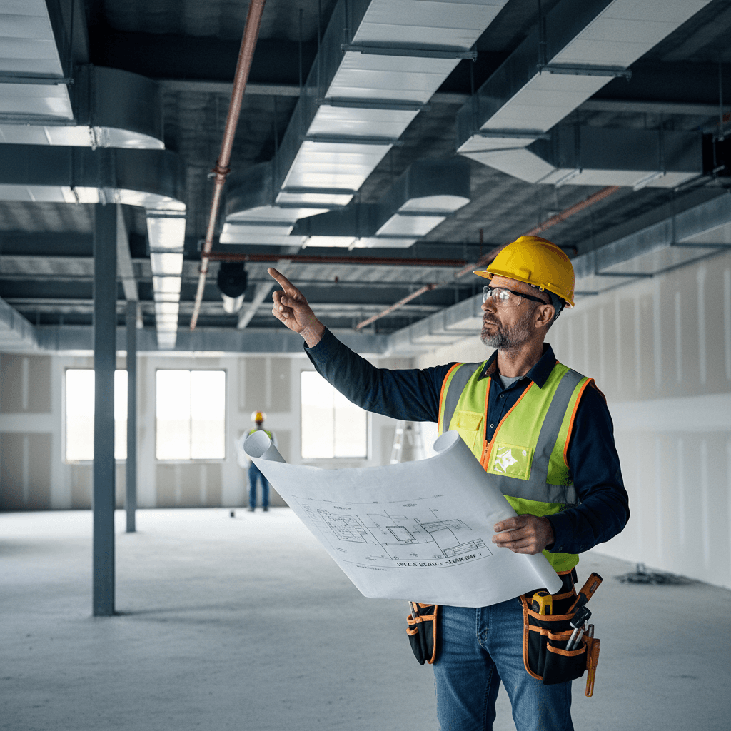 Contractor examining blueprints next to ductwork in a new building