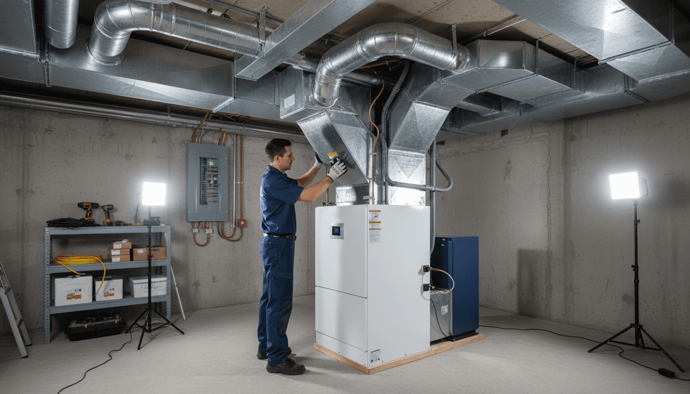 HVAC technician installing ductwork in residential basement