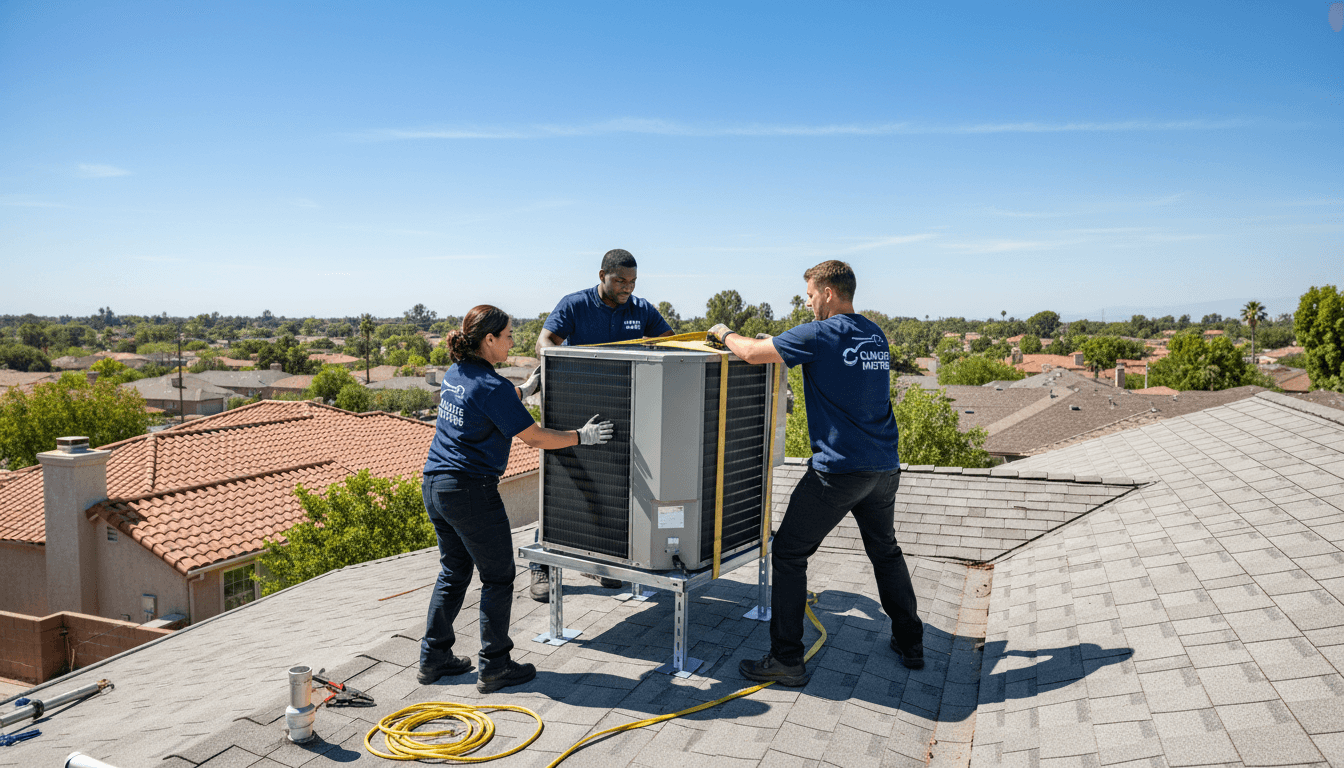 Contractor inspecting HVAC equipment on a commercial rooftop