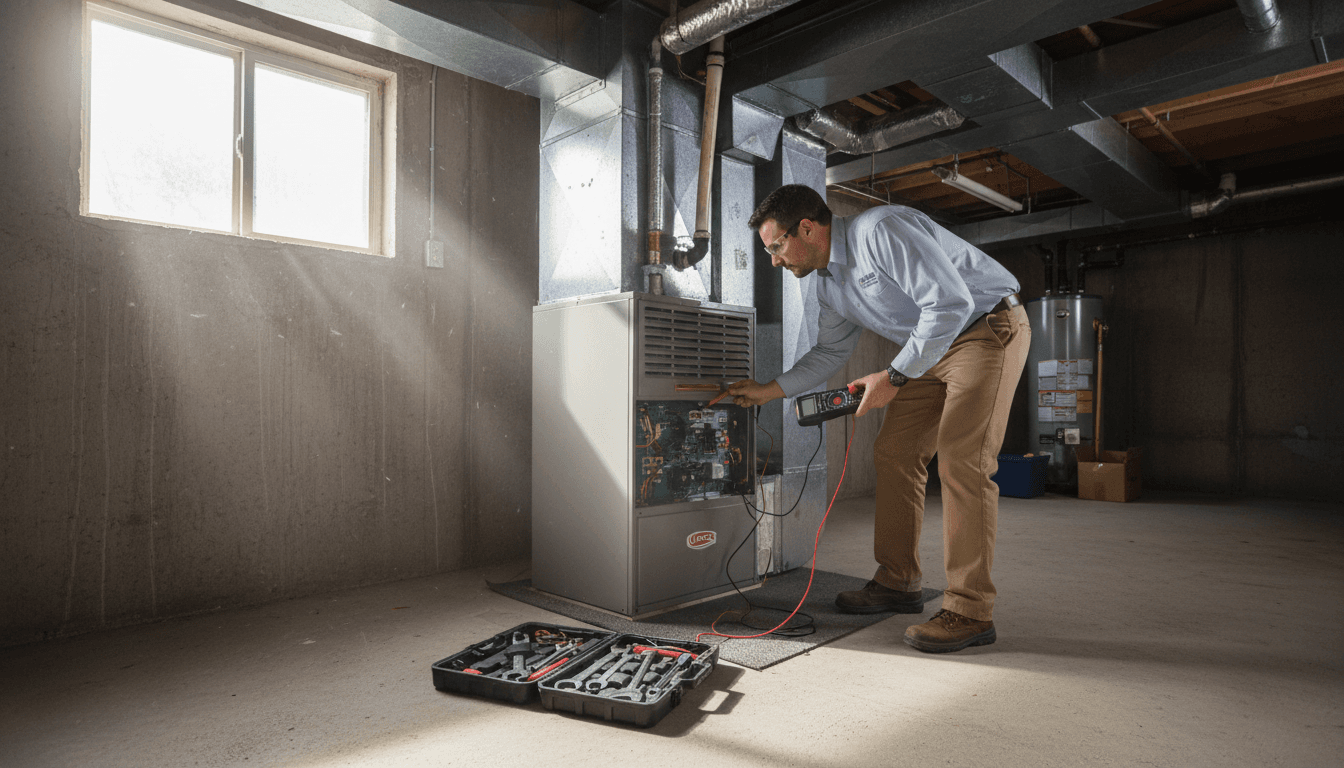 Contractor inspecting HVAC system in a home basement