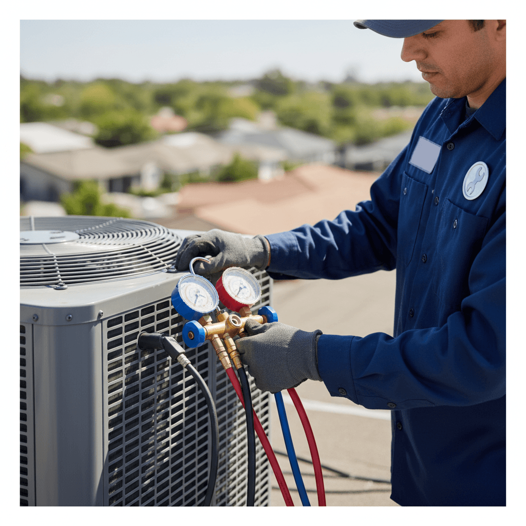 HVAC contractor examining air conditioning unit on residential property with tools