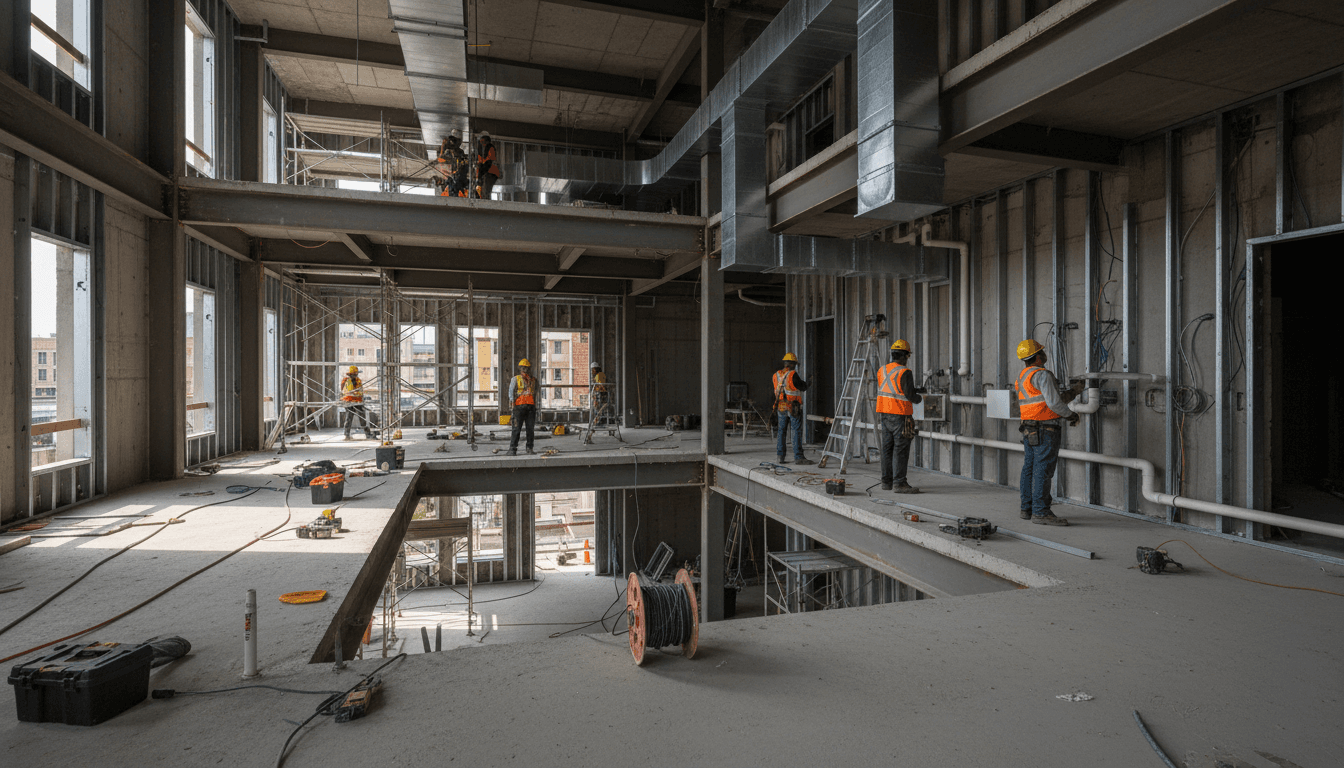 Commercial building construction site with mechanical systems