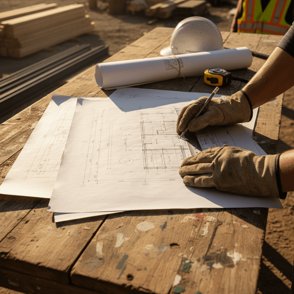 Construction blueprints on a table with a hard hat and tools