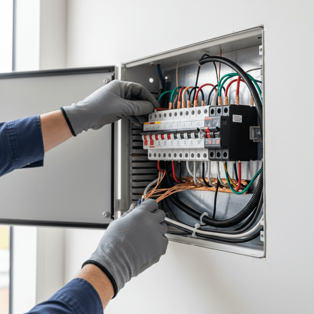 Electrician installing an electrical panel in a new construction home