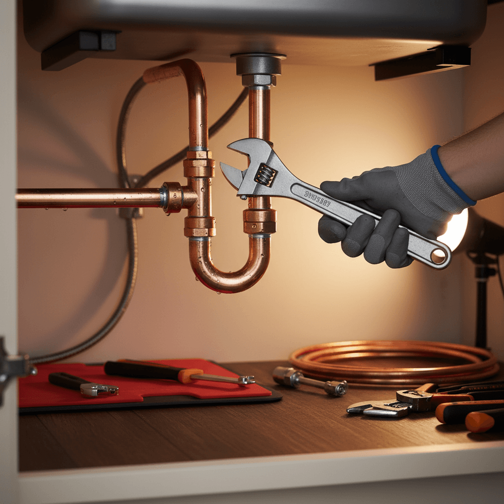 close up of plumber working on copper pipe under sink in kitchen with wrench