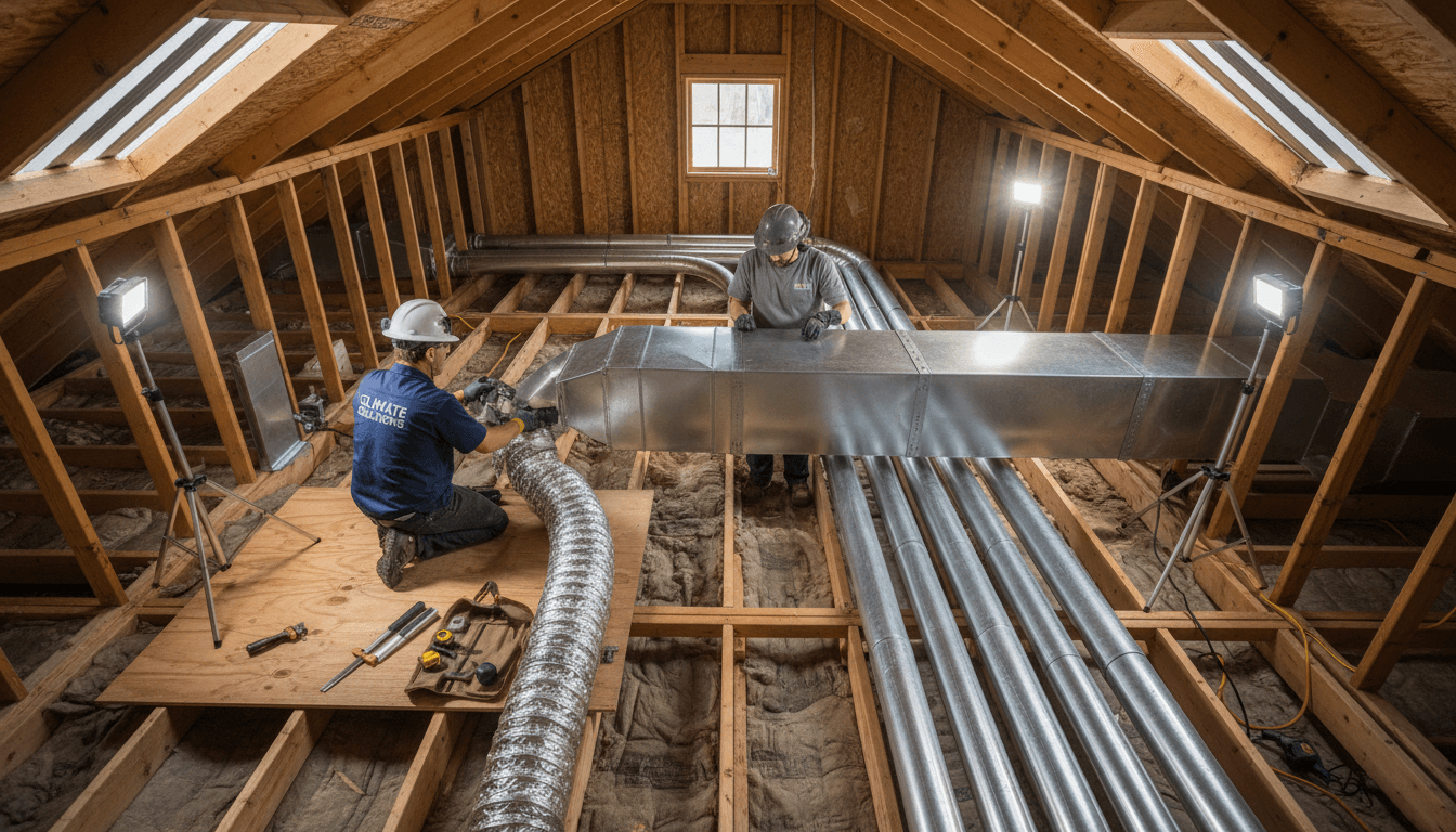 Building contractor installing HVAC ductwork in a new commercial construction project