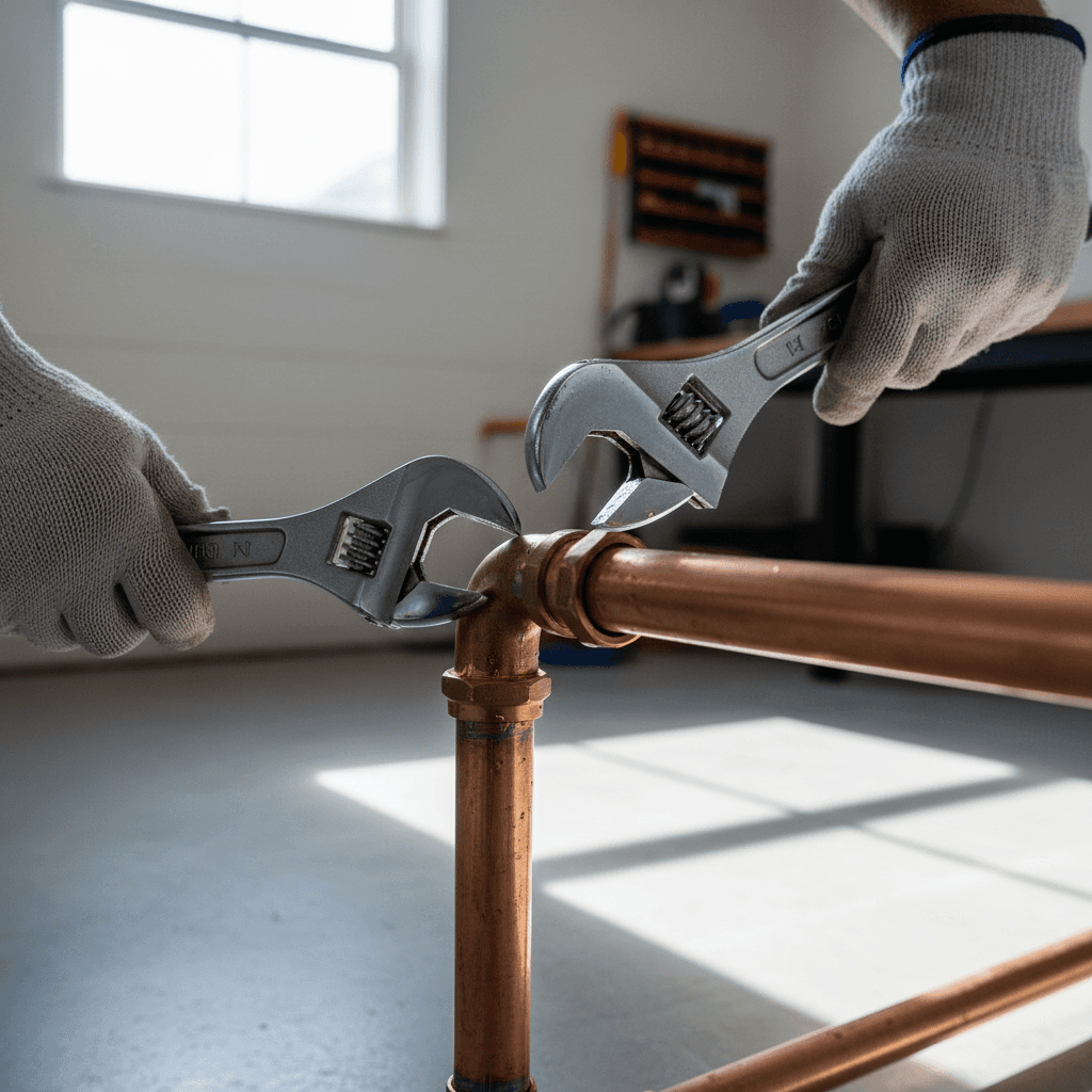 Plumber installing copper pipes in a residential basement