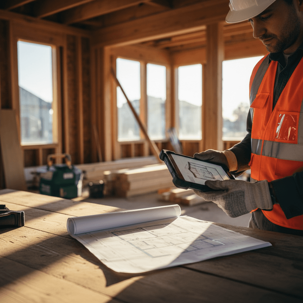 Contractor inspecting HVAC equipment with blueprint in hand