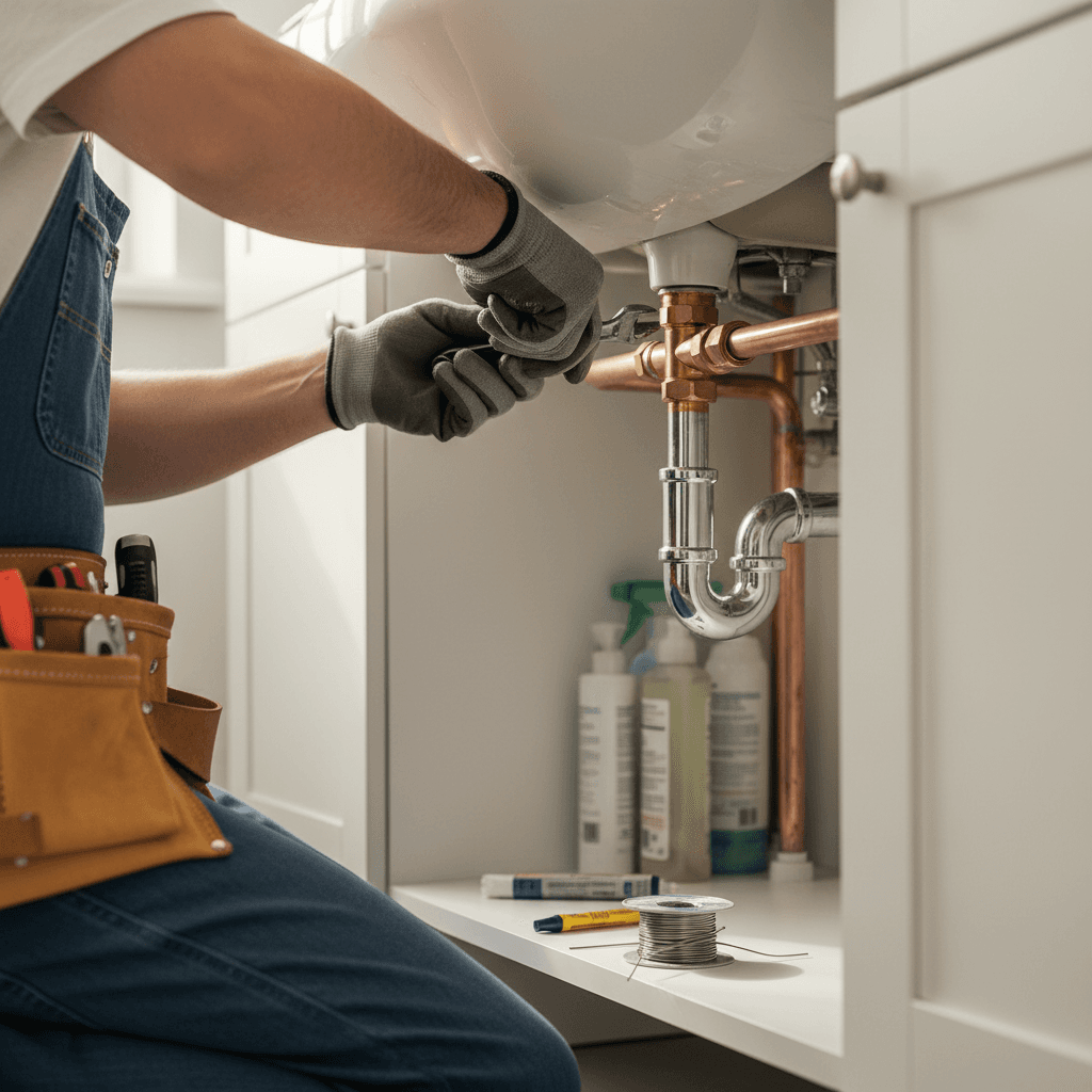 Plumber working on copper pipes under a sink