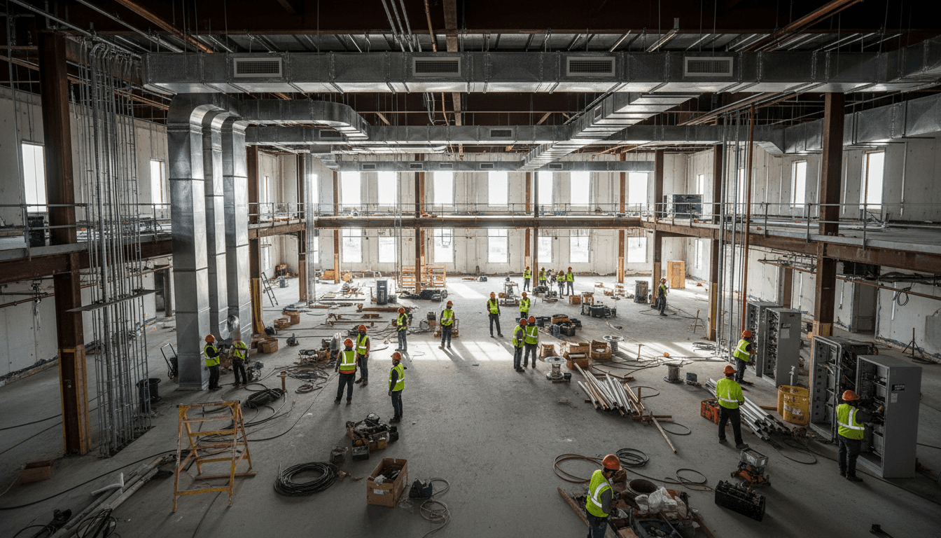 New commercial building construction site with mechanical systems being installed