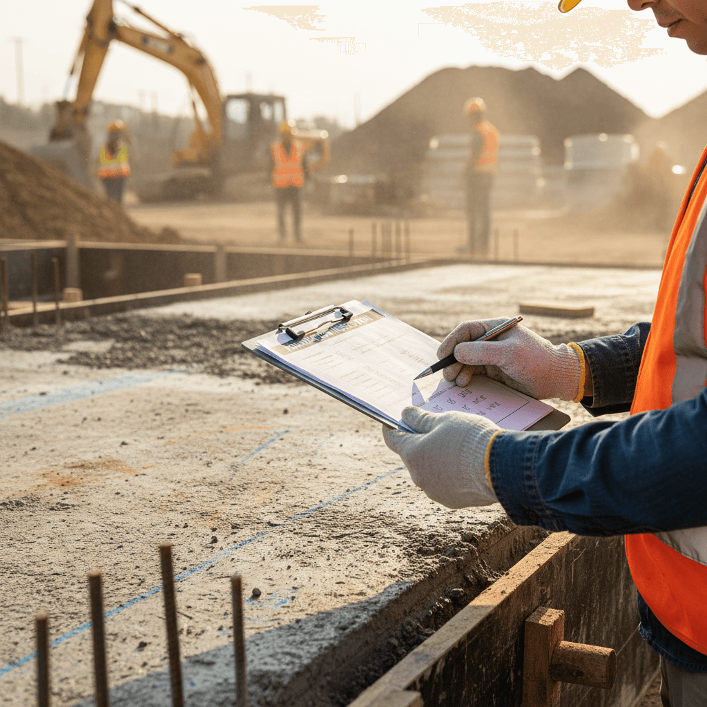 Building inspector checking a work site with a clipboard and hard hat