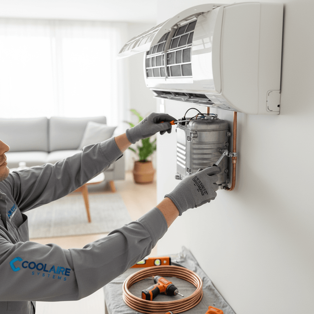 HVAC technician installing an air conditioning unit outside a home